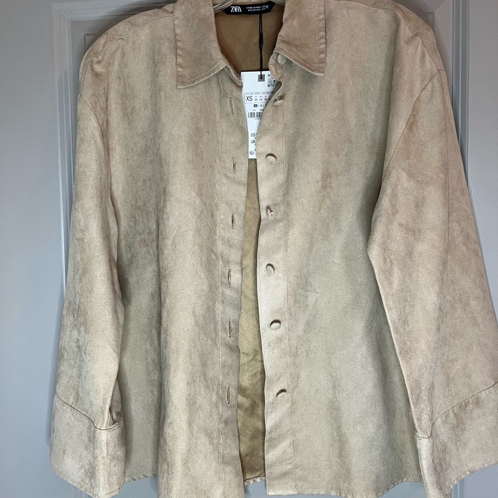 Zara Faux Suede Button-Up Shirt/Jacket Nude/Tan Size XS NWT